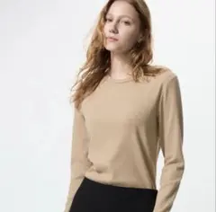 美品ユニクロUNIQLOベージュ ソフトリブクルーネックTシャツ 長袖 Lサイズ