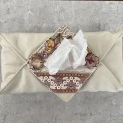 インド刺繍リボン　ティッシュボックスカバー（ピンク）