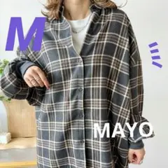 ★新品★しまむら MAYO aquaist 袖口リブチェックシャツ グレー M