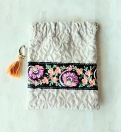 片面インド刺繍リボンのバネ口ポーチ