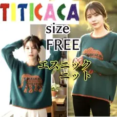 チチカカ エスニックセーター 像 装飾 ダークグリーン オレンジ フリーサイズのサムネイル