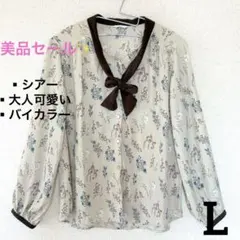 【美品セール✨】花柄 シアーブラウス　バイカラー　大人可愛い　古着女子　Lサイズのサムネイル
