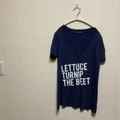 USA古着 VネックTシャツ L 紺 メッセージT 音楽 料理 野菜 アメカジ