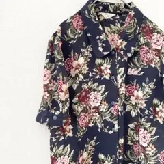 シャツ レトロ 昭和 花柄 ブラック ボタン 総柄 バラ