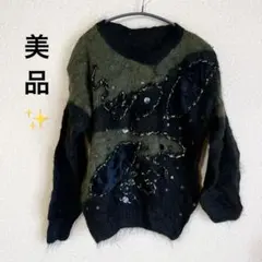 SALE❤️ニット セーター オリーブグリーンビーズ装飾 レディース トップス