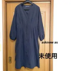 【未使用】asknow asネイビー 長袖 シャツワンピース スエード調