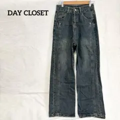 デイクローゼット ワイドデニムパンツ ハイウエスト 切替 ブルー S 脚長効果