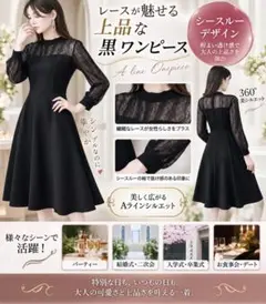 【新品】M 黒 レース シースルー Aラインワンピース 上品 フォーマル 長袖