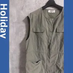 Holiday ノーカラーミリタリーベスト オリーブグリーン ノースリーブベスト