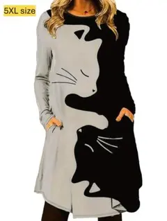 2499y【新品未使用】Aラインチュニック ネコプリント 5XL レディース