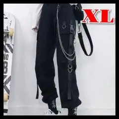 XL カーゴパンツ チェーン付き ブラック ゆったり 体型カバー ユニセックス