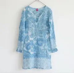 【Raj 】M 長袖ワンピース　刺繍入り ブルー系　コットン100% Vネック
