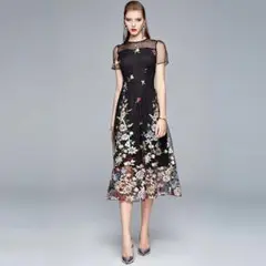 パーティードレス ミモレ丈 刺繍 ひざ丈 カラー:ブラック サイズ:M 1