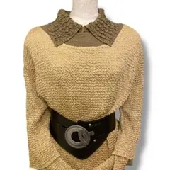 【時巡る】レイヤード　ポップコーンプリーツ　マスタード色　カーキ　Lサイズ