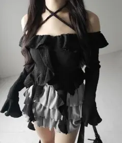 me+em select クロスストラップリボンオフショルダーフリルブラウス 黒