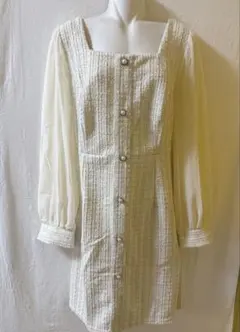 クルーネックツイード長袖膝丈ワンピース2XL