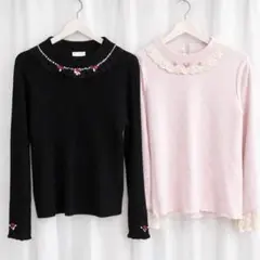 axes femme ビジュー襟トップス2点 量産姫系 黒ピンク