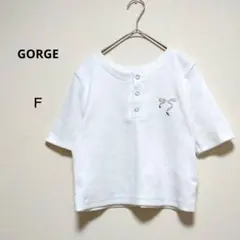 ★ゴージ F 白 半袖 ヘンリーネック Tシャツ リボン クロップド丈のサムネイル