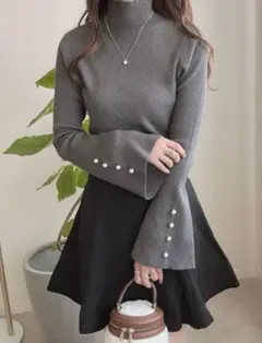 ハイネックパールフレアスリーブニットトップス