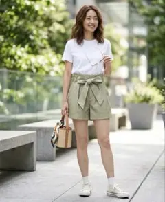 【ZARA】美脚ハイウエストショートパンツ合成皮革ベルト付き脚長効果◎ 春コーデ