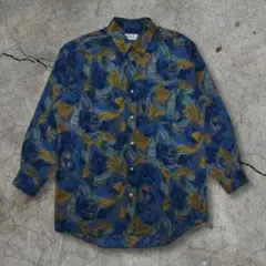 90s ヴィンテージ 総柄シャツ アート柄 マーブル柄 青 モード レトロ 長袖