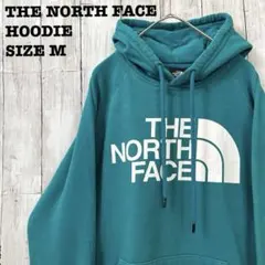レディース古着　ザノースフェイス　ビッグロゴプリントスエットパーカー　Mグリーン