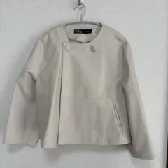 ZARA ノーカラー レザージャケット ベージュ