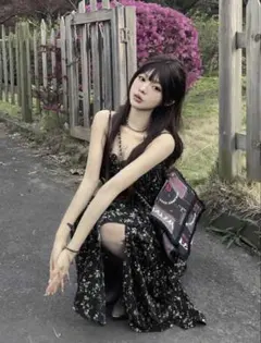 花柄 キャミワンピース ブラック JP-M