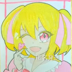 一点物 手描き オリジナル アナログ イラスト 色紙 原画 指ハート 金髪 少女