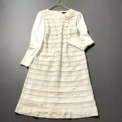 【近年モデル】トゥービーシック　ツイード切替 ニットワンピース リボンコサージュ