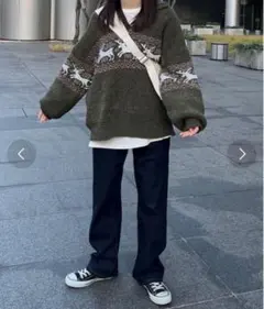 kutir ベロアモール 長袖ニット トナカイ柄オーバーサイズ セーター