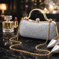 【数量限定】ラインストーン持ち手 がま口バッグ シルバー 2way 結婚式