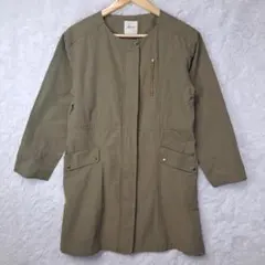 【美品】ビームスハート ノーカラーコート M カーキ ゴールド金具 比翼仕立て