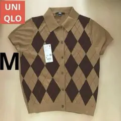 UNIQLO メリノブレンド ポロカーディガン 半袖 ブラウン M タグ付き