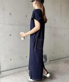 andme配色ステッチフレンチスリーブTシャツワンピース＊ネイビー/ホワイトMのサムネイル