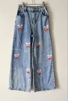 SHEIN キッズ チェリー リボン ワイド デニム パンツ 150 12Y
