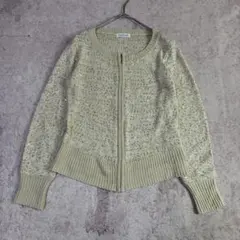 カーディガン　フルジップ　ベージュ　装飾　スパンコール　ゴールド　クラシカル　M