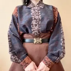 ボタニカル柄 開襟 シャツブラウス 昭和レトロ ヴィンテージ 日本製 茶色 紺