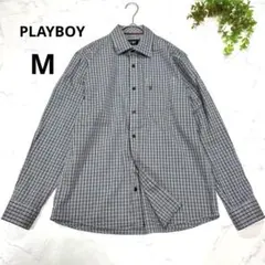 【美品】プレイボーイ◆チェック柄 長袖シャツ(M)グレー　うさぎ刺繍　コットンのサムネイル