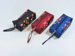 493-01ベトナム 刺繍ポーチ 3コセット アジアン ポーチ 花柄 化粧ポーチ
