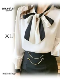 ★レディース 長袖 ブラウス ホワイトボウタイ シフォンブラウス XL