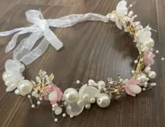 【美品】ウェディングヘッドドレス パール＆フラワー リボン付き
