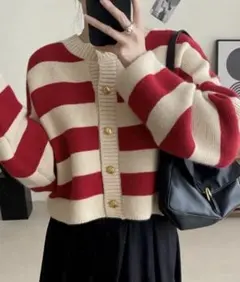 赤と白のストライプ ニットカーディガン