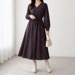 ユニクロ【S】プリントVネックロングシャツワンピース 長袖