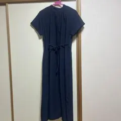 GU ネイビー 半袖ロングワンピース ウエストリボン