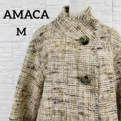 AMACA アルパカ混 イタリア製生地 ツイードショートコート フリンジ 茶のサムネイル