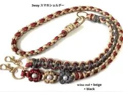 3way スマホショルダー ストラップ ハンドストラップ パラコード 花 赤