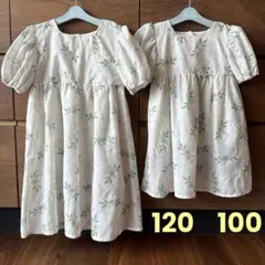 花柄 ボタニカル柄 刺繍 ワンピース ホワイト 白 姉妹 お揃い 120 100