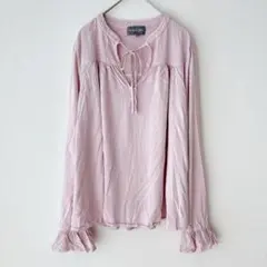 美品 マイケルスターズ ブラウス 長袖 キーネック フリル M ピンク レーヨンのサムネイル