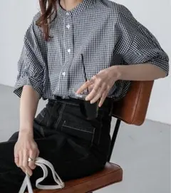 BONLECILLアソート柄 ボリュームスリーブバンドカラー半袖シャツ　チェック